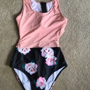 One Piece Floral and Pink Swimsuit